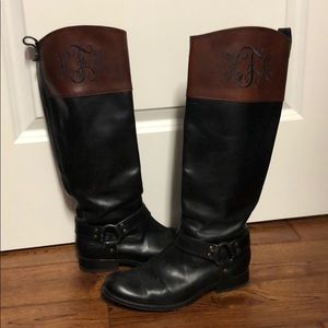 Frye tall boots, monogrammed, black brown Sz 7